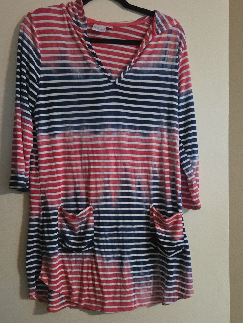 Striped V-Neck Tunic with Pockets - Pink & Navy